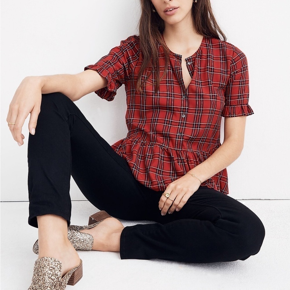 MADEWELL Studio Ruffle-Hem Top in Clanton Plaid Tartan Button Peplum Blouse
